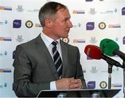 1 October 2014; Dublin manager, Jim Gavin, speaks during the launch of Game for Anto: Tackling MND Together, a game between an All-Star Ulster Select and Dublin to be played at the Kingspan Stadium, Ravenhill Park, Belfast. Picture credit: John Dickson / SPORTSFILE