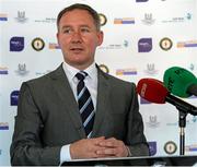 1 October 2014; Dublin manager, Jim Gavin, speaks during the launch of Game for Anto: Tackling MND Together, a game between an All-Star Ulster Select and Dublin to be played at the Kingspan Stadium, Ravenhill Park, Belfast. Picture credit: John Dickson / SPORTSFILE