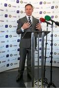 1 October 2014; Dublin manager, Jim Gavin, speaks at the launch of Game for Anto: Tackling MND Together, a game between an All-Star Ulster Select and Dublin to be played at the Kingspan Stadium, Ravenhill Park, Belfast. Picture credit: John Dickson / SPORTSFILE