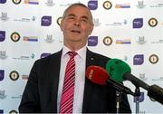 1 October 2014; Brian McEniff, speaks at the launch of Game for Anto: Tackling MND Together, a game between an All-Star Ulster Select and Dublin to be played at the Kingspan Stadium, Ravenhill Park, Belfast. Picture credit: John Dickson / SPORTSFILE