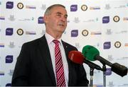 1 October 2014; Brian McEniff, speaks at the launch of Game for Anto: Tackling MND Together, a game between an All-Star Ulster Select and Dublin to be played at the Kingspan Stadium, Ravenhill Park, Belfast . Picture credit: John Dickson / SPORTSFILE