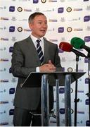 1 October 2014; Dublin manager Jim Gavin, speaks at the launch of Game for Anto: Tackling MND Together, a game between an All-Star Ulster Select and Dublin to be played at the Kingspan Stadium, Ravenhill Park, Belfast. Picture credit: John Dickson / SPORTSFILE