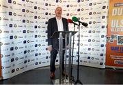 1 October 2014; Anto Finengan speaks during the launch of Game for Anto: Tackling MND Together, a game between an All-Star Ulster Select and Dublin to be played at the Kingspan Stadium, Ravenhill Park, Belfast. Picture credit: John Dickson / SPORTSFILE