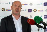 1 October 2014; Anto Finengan speaks during the launch of Game for Anto: Tackling MND Together, a game between an All-Star Ulster Select and Dublin to be played at the Kingspan Stadium, Ravenhill Park, Belfast. Picture credit: John Dickson / SPORTSFILE