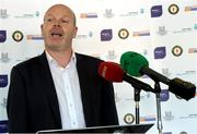 1 October 2014; Anto Finnegan, speaking at the launch of Game for Anto: Tackling MND Together, a game between an All-Star Ulster Select and Dublin to be played at the Kingspan Stadium, Ravenhill Park, Belfast. Picture credit: John Dickson / SPORTSFILE