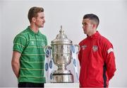 1 October 2014; Pictured ahead of the 2014 FAI Cup Semi-Final fixtures was Ronan Finn, Shamrock Rovers, left, and Michael Duffy, Derry City. Ford are calling on all Irish football fans to vote for their “New Focus Man of the Round” at facebook.com/FordIreland after each round of this year’s FAI Cup. Every person who votes will be entered into a draw for some fantastic prizes including fuel vouchers and a HD 3DTV. Ford FAI Cup Semi-Final Press Conference, Wilson Hartnell Offices, Dublin & RHA Gallery. Picture credit: David Maher / SPORTSFILE
