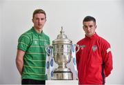 1 October 2014; Pictured ahead of the 2014 FAI Cup Semi-Final fixtures was Ronan Finn, Shamrock Rovers, left, and Michael Duffy, Derry City. Ford are calling on all Irish football fans to vote for their “New Focus Man of the Round” at facebook.com/FordIreland after each round of this year’s FAI Cup. Every person who votes will be entered into a draw for some fantastic prizes including fuel vouchers and a HD 3DTV. Ford FAI Cup Semi-Final Press Conference, Wilson Hartnell Offices, Dublin & RHA Gallery. Picture credit: David Maher / SPORTSFILE