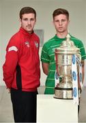 1 October 2014; Pictured ahead of the 2014 FAI Cup Semi-Final fixtures was Patrick McEleney, Derry City, left, and Luke Byrne, Shamrock Rovers. Ford are calling on all Irish football fans to vote for their “New Focus Man of the Round” at facebook.com/FordIreland after each round of this year’s FAI Cup. Every person who votes will be entered into a draw for some fantastic prizes including fuel vouchers and a HD 3DTV. Ford FAI Cup Semi-Final Press Conference, Wilson Hartnell Offices, Dublin & RHA Gallery. Picture credit: David Maher / SPORTSFILE