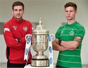 1 October 2014; Pictured ahead of the 2014 FAI Cup Semi-Final fixtures was Patrick McEleney, Derry City, left, and Luke Byrne, Shamrock Rovers. Ford are calling on all Irish football fans to vote for their “New Focus Man of the Round” at facebook.com/FordIreland after each round of this year’s FAI Cup. Every person who votes will be entered into a draw for some fantastic prizes including fuel vouchers and a HD 3DTV. Ford FAI Cup Semi-Final Press Conference, Wilson Hartnell Offices, Dublin & RHA Gallery. Picture credit: David Maher / SPORTSFILE