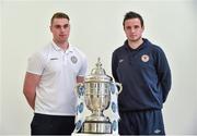 1 October 2014; Pictured ahead of the 2014 FAI Cup Semi-Final fixtures was Conor Winn, Finn Harps goalkeeper, and  Brendan Clarke, St.Patrick's Athletic goalkeeper. Ford are calling on all Irish football fans to vote for their “New Focus Man of the Round” at facebook.com/FordIreland after each round of this year’s FAI Cup. Every person who votes will be entered into a draw for some fantastic prizes including fuel vouchers and a HD 3DTV. Ford FAI Cup Semi-Final Press Conference, Wilson Hartnell Offices, Dublin & RHA Gallery. Picture credit: David Maher / SPORTSFILE