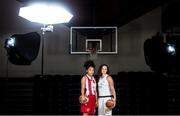 1 October 2014; DCU Mercy players Erika Smith, left, and Caroline Stewart pose for a portrait during the launch of the Basketball Ireland 2014/2015 Season. As winter approaches, Ireland's most popular indoor sport officially launched its new season today. Basketball clubs from around the country gathered at the National Basketball Arena in Tallaght for the launch of the national league season for 2014/2015. All the action gets underway this Saturday as 32 teams across 4 divisions fight it out to be the best basketballers in the country. Women's Premier League and Cup Champions Team Montenotte get their account underway against Singleton Supervalu Brunell in a Cork derby while defending Men's Champions Killester are away to DCU Saints.The draw for the National Cups also took place today. Picture credit: Brendan Moran / SPORTSFILE
