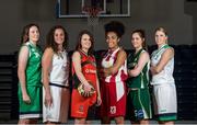 1 October 2014; Players representing clubs in the Dublin Area Board, from left, Aine O'Connor, Liffey Celtics, Caroline Stewart, DCU Mercy, Mimi Clarke, Killester, Erika Smith, DCU Mercy, Aoife Whelan, Meteors, and Meagan Hoffman, Liffey Celtics, during the launch of the Basketball Ireland 2014/2015 Season. As winter approaches, Ireland’s most popular indoor sport officially launched its new season today. Basketball clubs from around the country gathered at the National Basketball Arena in Tallaght for the launch of the national league season for 2014/2015. All the action gets underway this Saturday as 32 teams across 4 divisions fight it out to be the best basketballers in the country. Women’s Premier League and Cup Champions Team Montenotte get their account underway against Singleton Supervalu Brunell in a Cork derby while defending Men’s Champions Killester are away to DCU Saints. The draw for the National Cups also took place today. National Basketball Arena, Tallaght, Dublin. Picture credit: Brendan Moran / SPORTSFILE