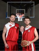 1 October 2014; Jason Kileen, left, and Luke Thompson, of Templeogue Basketball Club, Dublin, during the launch of the Basketball Ireland 2014/2015 Season. As winter approaches, Ireland’s most popular indoor sport officially launched its new season today. Basketball clubs from around the country gathered at the National Basketball Arena in Tallaght for the launch of the national league season for 2014/2015. All the action gets underway this Saturday as 32 teams across 4 divisions fight it out to be the best basketballers in the country. Women’s Premier League and Cup Champions Team Montenotte get their account underway against Singleton Supervalu Brunell in a Cork derby while defending Men’s Champions Killester are away to DCU Saints. The draw for the National Cups also took place today. National Basketball Arena, Tallaght, Dublin. Picture credit: Brendan Moran / SPORTSFILE