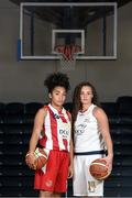 1 October 2014; DCU Mercy players Erika Smith, left, and Caroline Stewart during the launch of the Basketball Ireland 2014/2015 Season. As winter approaches, Ireland’s most popular indoor sport officially launched its new season today. Basketball clubs from around the country gathered at the National Basketball Arena in Tallaght for the launch of the national league season for 2014/2015. All the action gets underway this Saturday as 32 teams across 4 divisions fight it out to be the best basketballers in the country. Women’s Premier League and Cup Champions Team Montenotte get their account underway against Singleton Supervalu Brunell in a Cork derby while defending Men’s Champions Killester are away to DCU Saints. The draw for the National Cups also took place today. National Basketball Arena, Tallaght, Dublin. Picture credit: Brendan Moran / SPORTSFILE