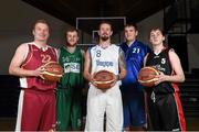 1 October 2014; Players representing Division One clubs, from left, Wayne Redmond, JM&L Auctioneers Titans, Ian Burke, SSE Renewables Moycullen, Darren McGovern, Eanna, Kenneth Hansbery, Maree and Paul Caffrey, Tolka Rovers, during the launch of the Basketball Ireland 2014/2015 Season. As winter approaches, Ireland’s most popular indoor sport officially launched its new season today. Basketball clubs from around the country gathered at the National Basketball Arena in Tallaght for the launch of the national league season for 2014/2015. All the action gets underway this Saturday as 32 teams across 4 divisions fight it out to be the best basketballers in the country. Women’s Premier League and Cup Champions Team Montenotte get their account underway against Singleton Supervalu Brunell in a Cork derby while defending Men’s Champions Killester are away to DCU Saints. The draw for the National Cups also took place today. National Basketball Arena, Tallaght, Dublin. Picture credit: Brendan Moran / SPORTSFILE