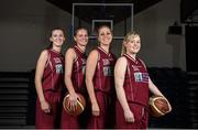 1 October 2014; Players representing NUI Galway Basketball Club, from left, Lauren Murray, Marine Airault, Nicole Krusen and Kate Lyons during the launch of the Basketball Ireland 2014/2015 Season. As winter approaches, Ireland’s most popular indoor sport officially launched its new season today. Basketball clubs from around the country gathered at the National Basketball Arena in Tallaght for the launch of the national league season for 2014/2015. All the action gets underway this Saturday as 32 teams across 4 divisions fight it out to be the best basketballers in the country. Women’s Premier League and Cup Champions Team Montenotte get their account underway against Singleton Supervalu Brunell in a Cork derby while defending Men’s Champions Killester are away to DCU Saints. The draw for the National Cups also took place today. National Basketball Arena, Tallaght, Dublin. Picture credit: Brendan Moran / SPORTSFILE