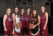 1 October 2014; Players representing Division One teams, from left, Kate Lyons, NUI Galway, Aisling Hayden, IT Carlow, Lauren Murray, NUI Galway, Nicole Krusen, NUI Galway, Megan Dunne, IT Carlow, and Marine Airault, NUI Galway, during the launch of the Basketball Ireland 2014/2015 Season. As winter approaches, Ireland’s most popular indoor sport officially launched its new season today. Basketball clubs from around the country gathered at the National Basketball Arena in Tallaght for the launch of the national league season for 2014/2015. All the action gets underway this Saturday as 32 teams across 4 divisions fight it out to be the best basketballers in the country. Women’s Premier League and Cup Champions Team Montenotte get their account underway against Singleton Supervalu Brunell in a Cork derby while defending Men’s Champions Killester are away to DCU Saints. The draw for the National Cups also took place today. National Basketball Arena, Tallaght, Dublin. Picture credit: Brendan Moran / SPORTSFILE