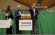 1 October 2014; Making the draw for the national cups at the launch of the Basketball Ireland 2014/2015 Season, from left, Louise O'Loughlin, Senior Competitions Officer, Basketball Ireland, John Fallon, Macron kits, and Gerry Kelly, President, Basketball Ireland. As winter approaches, Ireland’s most popular indoor sport officially launched its new season today. Basketball clubs from around the country gathered at the National Basketball Arena in Tallaght for the launch of the national league season for 2014/2015. All the action gets underway this Saturday as 32 teams across 4 divisions fight it out to be the best basketballers in the country. Women’s Premier League and Cup Champions Team Montenotte get their account underway against Singleton Supervalu Brunell in a Cork derby while defending Men’s Champions Killester are away to DCU Saints. The draw for the National Cups also took place today. National Basketball Arena, Tallaght, Dublin. Picture credit: Brendan Moran / SPORTSFILE