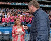 28 September 2014; Clare Clarke is interviewed by Daithi O Sé during half-time about the Climb4Clare Cancer Support walk. TG4 All-Ireland Ladies Football Senior Championship Final, Cork v Dublin. Croke Park, Dublin. Picture credit: Brendan Moran / SPORTSFILE