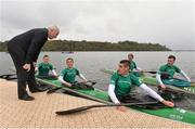 3 October 2014; Leitrim Tourism and Leitrim County Council officially launched the opening of an International standard rowing facility in Lough Rynn, Co. Leitrim with a visit from Michael Ring TD, Minister of State at the Department of Transport, Tourism and Sport with Special Responsibility for Tourism and Sport. The facility and world-class development boasts a 2,000 meter, eight lane facility which will be capable of hosting national and international rowing and canoeing events well as acting as a training base for international teams in advance of major competitions. It will be ready for use from Friday, 3rd October. The facility is within easy reach of Dublin, Belfast and Galway and has already attracted the attention of many of the clubs in Ireland, and in particular Northern Ireland, where there is no facility of this nature. Pictured at the launch are Michael Ring TD, Minister of State at the Department of Transport, Tourism and Sport chats with rowers from left to right, Mark Slattery, Ryan O'Connor, Brian O'Neill, Barry Watkins and Michael Fitzsimons . Lough Rynn Castle, Mohill, Co. Leitrim. Picture credit: David Maher / SPORTSFILE