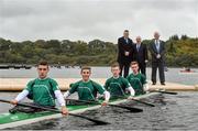 3 October 2014; Leitrim Tourism and Leitrim County Council officially launched the opening of an International standard rowing facility in Lough Rynn, Co. Leitrim with a visit from Michael Ring TD, Minister of State at the Department of Transport, Tourism and Sport with Special Responsibility for Tourism and Sport. The facility and world-class development boasts a 2,000 meter, eight lane facility which will be capable of hosting national and international rowing and canoeing events well as acting as a training base for international teams in advance of major competitions. It will be ready for use from Friday, 3rd October. The facility is within easy reach of Dublin, Belfast and Galway and has already attracted the attention of many of the clubs in Ireland, and in particular Northern Ireland, where there is no facility of this nature. Pictured at the launch are Michael Ring TD, Minister of State at the Department of Transport, Tourism and Sport with Frank Curran, left, CEO Leitrim County Council and Councillor Paddy O’Rourke, right, Cathaoirleach of Leitrim County Council with the Ireland U.16 4 Man Kayak development squad members, from left, Brian O'Neill, Ryan O'Connor, Mark Slattery and Craig Cummins. Lough Rynn Castle, Mohill, Co. Leitrim. Picture credit: David Maher / SPORTSFILE