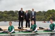 3 October 2014; Leitrim Tourism and Leitrim County Council officially launched the opening of an International standard rowing facility in Lough Rynn, Co. Leitrim with a visit from Michael Ring TD, Minister of State at the Department of Transport, Tourism and Sport with Special Responsibility for Tourism and Sport. The facility and world-class development boasts a 2,000 meter, eight lane facility which will be capable of hosting national and international rowing and canoeing events well as acting as a training base for international teams in advance of major competitions. It will be ready for use from Friday, 3rd October. The facility is within easy reach of Dublin, Belfast and Galway and has already attracted the attention of many of the clubs in Ireland, and in particular Northern Ireland, where there is no facility of this nature. Pictured at the launch are Michael Ring TD, Minister of State at the Department of Transport, Tourism and Sport with Frank Curran, left, CEO Leitrim County Council and Councillor Paddy O’Rourke, right, Cathaoirleach of Leitrim County Council with the Ireland U.16 4 Man Kayak development squad, from left, Ryan O'Connor, Mark Slattery and Craig Cummins. Lough Rynn Castle, Mohill, Co. Leitrim. Picture credit: David Maher / SPORTSFILE