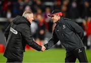 3 October 2014; Edinburgh head coach Alan Solomons and Ulster acting head coach Les Kiss shake hands before the game. Guinness PRO12, Round 5, Ulster v Edinburgh. Kingspan Stadium, Ravenhill Park, Belfast. Picture credit: Oliver McVeigh / SPORTSFILE