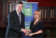 3 October 2014; Derry’s Joe Brolly and Clare’s Anthony Daly were tonight inducted into the Hall of Fame at the 2014 Cadbury Gaelic Writers’ Association Awards at the Jackson Court Hotel in Dublin. In addition, Seamus Hickey was awarded the inaugural Hurling Personality of the Year while Kerry’s All-Ireland winning midfielder, David Moran, received the equivalent football award. This year’s PRO of the Year award went to Tracey Kennedy of Cork while one of the country’s longest-serving GAA journalists, Michael Dundon, was honoured with the Lifetime Achievement Award. Pictured is Tracey Kennedy, Cork, receiving her award from John Fogarty, left, Chairman of the Gaelic Writers Association. Cadbury Gaelic Writers Association Awards 2014, Jackson Court Hotel, Harcourt Street, Dublin. Picture credit: Brendan Moran / SPORTSFILE