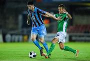 3 October 2014; Ciarán McGuigan, Drogheda United, in action against John O'Flynn, Cork City. SSE Airtricity League, Premier Division, Cork City v Drogheda United. Turners Cross, Cork. Picture credit: Diarmuid Greene / SPORTSFILE