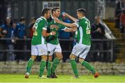 3 October 2014; Mark O'Sullivan, Cork City, is congratulated by team-mates John O'Flynn, left, and Garry Buckley, right, after scoring his side's second goal. SSE Airtricity League, Premier Division, Cork City v Drogheda United. Turner's Cross, Cork. Picture credit: Diarmuid Greene / SPORTSFILE