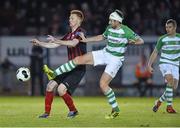 3 October 2014; Gary Shaw, Longford Town, in action against Michael Kelly, Shamrock Rovers B. SSE Airtricity League, Premier Division, Longford Town v Shamrock Rovers. Calling Stadium, Longford. Picture credit: David Maher / SPORTSFILE