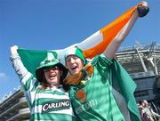 24 March 2007; Ireland supporters Alison Guckian, left, from Leitrim, and Tara Kane, from Longford, outside Croke Park before the 2008 European Championship Qualifier against Wales. Republic of Ireland v Wales, Croke Park, Dublin. Picture credit: Brian Lawless / SPORTSFILE