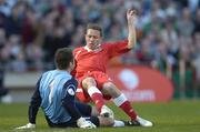 24 March 2007; Republic of Ireland goalkeeper Shay Given saves at the feet of Craig Bellamy, Wales. 2008 European Championship Qualifier, Republic of Ireland v Wales, Croke Park, Dublin. Picture credit: Matt Browne / SPORTSFILE