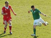24 March 2007; Robbie Keane, Republic of Ireland, in action against Steven Evans, Wales. 2008 European Championship Qualifier, Republic of Ireland v Wales, Croke Park, Dublin. Photo by Sportsfile *** Local Caption ***