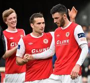 5 October 2014; St Patrick's Athletic's Killian Brennan, right, celebrates after scoring his side's fourth goal with team-mates Chris Forrester and Christy Fagan. FAI Ford Cup, Semi-Final, St Patrick’s Athletic v Finn Harps. Richmond Park, Dublin. Picture credit: David Maher / SPORTSFILE