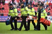 5 October 2014; Sam Verdon, St Patrick's Athletic, is stretchered off the pitch by medical staff during the closing stages of the game. FAI Ford Cup, Semi-Final, St Patrick’s Athletic v Finn Harps. Richmond Park, Dublin. Picture credit: David Maher / SPORTSFILE
