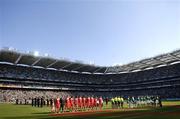24 March 2007; The Teams stand for the National Anthems. 2008 European Championship Qualifier, Republic of Ireland v Wales, Croke Park, Dublin. Picture credit: Brian Lawless / SPORTSFILE