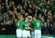 28 March 2007; Republic of Ireland's Kevin Doyle, third from right, celebrates after scoring his side's first goal with team-mate's, left to right, Paul McShane, Aiden McGeady, Rchard Dunne and Kevin Kilbane. 2008 European Championship Qualifier, Republic of Ireland v Slovakia, Croke Park, Dublin. Picture credit: David Maher / SPORTSFILE