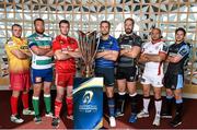6 October 2014; Club representatives, from left, Ken Owens, Scarlets, Antonio Pavanello, Treviso, Peter O'Mahony, Munster, Jamie Heaslip, Leinster, Alun-Wyn Jones, Ospreys, Rory Best, Ulster, and Henry Pyrgos, Glasgow Warriors, at the launch of the European Rugby Champions Cup and European Rugby Challenge Cup. Convention Centre Dublin, Spencer Dock, North Wall Quay, Dublin. Picture credit: Stephen McCarthy / SPORTSFILE