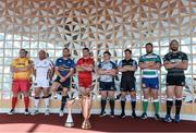 6 October 2014; Club representatives, from left, Ken Owens, Scarlets, Rory Best, Ulster, Jamie Heaslip, Leinster, Peter O'Mahony, Munster, Jason Harris-Wright, Connacht, Henry Pyrgos, Glasgow Warriors, Antonio Pavanello, Treviso, and Alun-Wyn Jones, Ospreys, at the launch of the European Rugby Champions Cup and European Rugby Challenge Cup. Convention Centre Dublin, Spencer Dock, North Wall Quay, Dublin. Picture credit: David Maher / SPORTSFILE