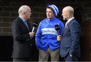 6 October 2014; RTÉ racing pundit Ted Walsh, left, jockey Barry Geraghty and John Boyle, right, CEO Boylesports, at a Boylesports photocall to announce their sponsorship of RTÉ's Racing Coverage. Fairyhouse, Co. Meath. Photo by Sportsfile