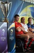 6 October 2014; Munster's Peter O'Mahony Ulster's Rory Best and Leinster's Jamie Heaslip at the launch of the European Rugby Champions Cup and European Rugby Challenge Cup. Convention Centre Dublin, Spencer Dock, North Wall Quay, Dublin. Picture credit: David Maher / SPORTSFILE