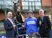 6 October 2014; RTÉ racing pundit Ted Walsh, right, jockey Barry Geraghty and John Boyle, left, CEO Boylesports, at a Boylesports photocall to announce their sponsorship of RTÉ's Racing Coverage. Fairyhouse, Co. Meath. Photo by Sportsfile