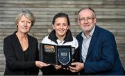6 October 2014; Raheny United's Katie McCabe receives the Continental Tyres Women's National League Player of the Month Award for September from Sue Ronan, Republic of Ireland women’s international team manager, and Fran Gavin, Continental Tyres Women's National League Director. FAI Headquarters, Abbotstown, Dublin. Picture credit: Barry Cregg / SPORTSFILE