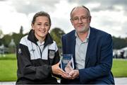6 October 2014; Raheny United's Katie McCabe receives the Continental Tyres Women's National League Player of the Month Award for September from Fran Gavin, Continental Tyres Women's National League Director. FAI Headquarters, Abbotstown, Dublin. Picture credit: Barry Cregg / SPORTSFILE