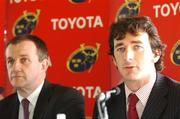26 March 2007; Munster rugby was given a huge boost ahead of Friday's Heineken Cup quarter-final against Llanelli with the news that Toyota Ireland is to extend its sponsorship of the Munster provincial team. The continued partnership between Munster Rugby and Ireland's leading motor distributors will also include the Munster senior and Under 20 sides and equals a 5 million euro sponsorship investment between 2007 and 2010. Pictured at the announcement is Steve Tormey, right, Sales and Marketing Director, Totota Ireland, and Garrett Fitzgerald, Chief Executive, Munster Rugby. Musgrave Park, Co. Cork. Picture credit: Brendan Moran / SPORTSFILE