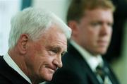 28 March 2007; Sir Bobby Robson, FAI International Football Consultant, with Republic of Ireland manager Steve Staunton during a press conference following the 2008 European Championship Qualifier Republic of Ireland v Slovakia. Croke Park, Dublin. Picture credit: David Maher / SPORTSFILE