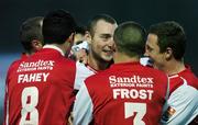30 March 2007; St Patrick's Athletic's Mark Quigley, centre, celebrates after scoring his side's third goal, and his hat-trick, with team-mates, from left to right, Keith Fahy, John Frost and Gary O'Neill. eircom League Premier Division, St Patrick's Athletic v Bray Wanderers, Richmond Park, Dublin. Picture credit: David Maher / SPORTSFILE