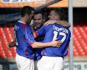 31 March 2007; Peter Thompson, Linfield, celebrates with team-mates Oran Kearney and Glen Ferguson after putting his side 3-2 in front. JJB Sports Irish Cup Quarter-final Replay, Linfield v Ballymena United, Windsor Park, Belfast, Co. Antrim. Picture credit: Oliver McVeigh / SPORTSFILE