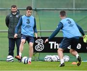 8 October 2014; Republic of Ireland's Brian Lenihan is watched by Republic of Ireland assistant manager Roy Keane, in action during squad training ahead of their UEFA EURO 2016 Championship Qualifer, Group D, game against Gibraltar on Saturday. Republic of Ireland Squad Training, Gannon Park, Malahide, Co. Dublin. Picture credit: David Maher / SPORTSFILE